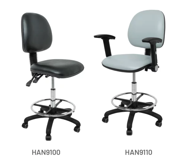 Meditelle Medical Practitioner Chairs with Tilt upholstered in Black and Dove anti-microbial vinyl. Product shown with and without arms.
