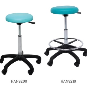 Meditelle, Stools with black bases shown in aqua and ocean anti-microbial vinyl options. Stools shown with and without footrests