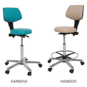 Meditelle Medical Operators Stools shown in ocean and taupe anti-microbial vinyl options. Chairs shown with and without footrests