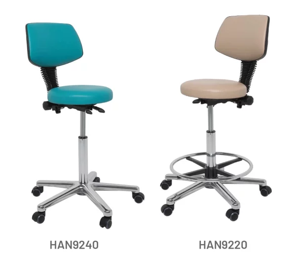 Meditelle Medical Operators Stools shown in ocean and taupe anti-microbial vinyl options. Chairs shown with and without footrests