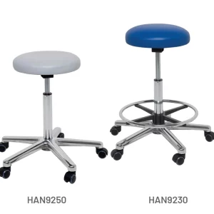 Meditelle Operator Stools shown in royal and white anti-microbial vinyl options. Chairs shown with and without footrests