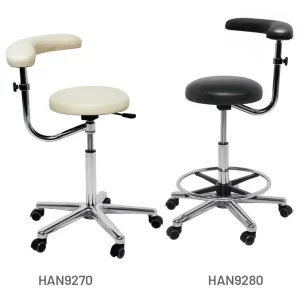 Meditelle, Medical Operators Stools with torso arm shown in black and white anti-microbial vinyl options. Chairs shown with and without footrests