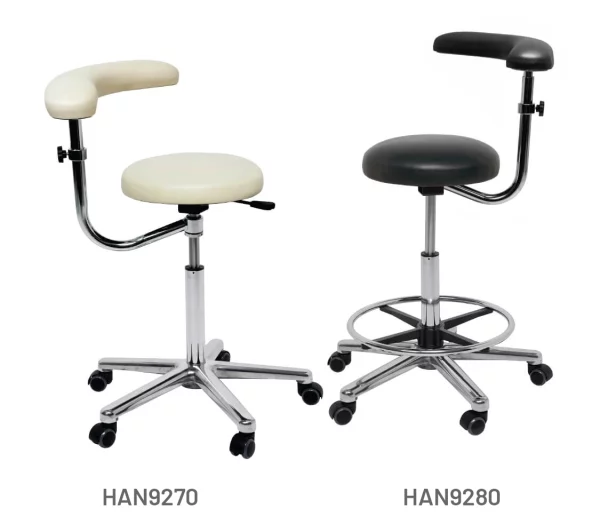 Meditelle, Medical Operators Stools with torso arm shown in black and white anti-microbial vinyl options. Chairs shown with and without footrests