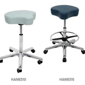 Meditelle Tri-Shaped Stools shown in Dove and Navy anti-microbial vinyl upholstery. Product shown with and without optional footrest.