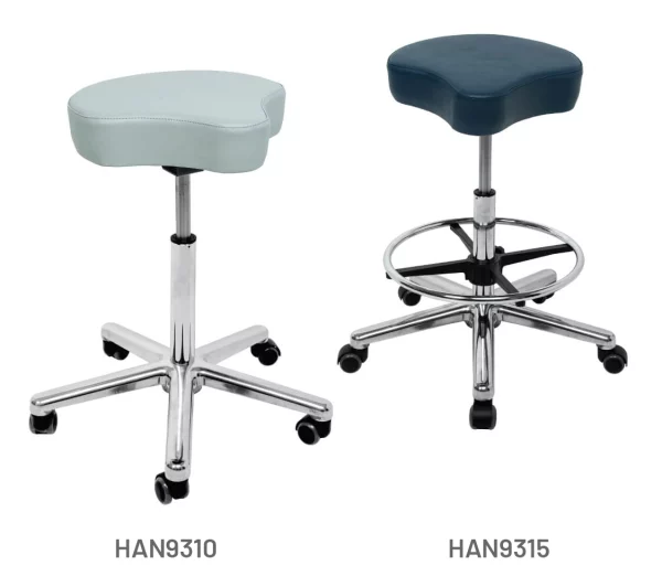 Meditelle Tri-Shaped Stools shown in Dove and Navy anti-microbial vinyl upholstery. Product shown with and without optional footrest.