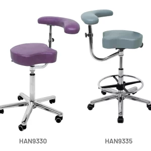 Tri-Shaped Stools with Torso Arm shown in Mulberry and Grey anti-microbial vinyl upholstery. Product shown with and without footrest