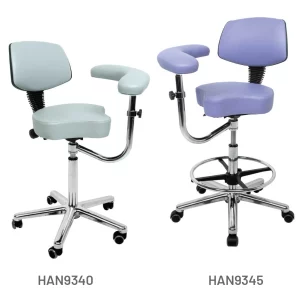 Meditelle Tri-Shaped Chairs with Torso Arm shown in white and lilac anti-microbial vinyl.