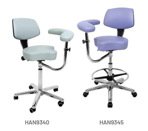 Meditelle Tri-Shaped Chairs with Torso Arm shown in white and lilac anti-microbial vinyl.