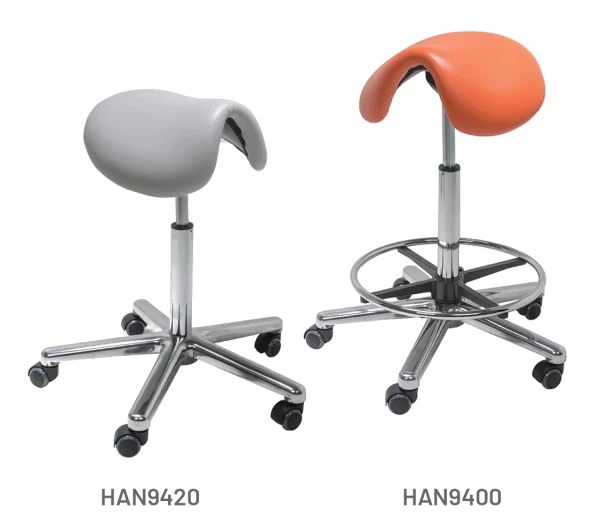 Meditelle Standard Saddle Stools upholstered in Dove and Ginger anti-microbial vinyl. Product shown with and without footrest.