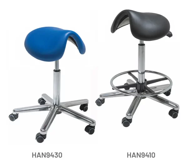 Meditelle Tilting Saddle Stools upholstered in Royal and Black anti-microbial vinyl. Product shown with and without footrest.
