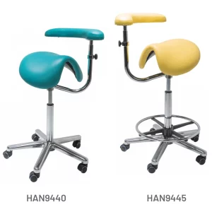 Meditelle Tilt Saddle Stools with Torso Arm upholstered in Ocean and Buttercup anti-microbial vinyl. Product shown with and without foot rest.