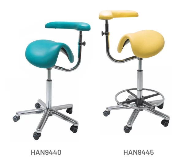 Meditelle Tilt Saddle Stools with Torso Arm upholstered in Ocean and Buttercup anti-microbial vinyl. Product shown with and without foot rest.