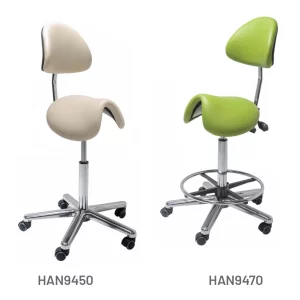Meditelle Tilt Saddle Chairs upholstered in Citrus and Stone anti-microbial vinyl. Product shown with and without footrest.