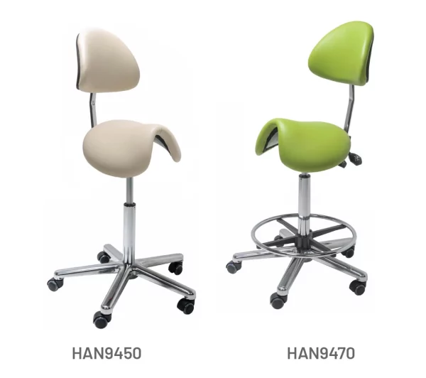 Meditelle Tilt Saddle Chairs upholstered in Citrus and Stone anti-microbial vinyl. Product shown with and without footrest.