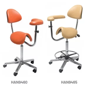 Meditelle Tilt Saddle Chair with Torso Arm upholstered in Ginger and Barley anti-microbial vinyl. Product shown with and without footrest.