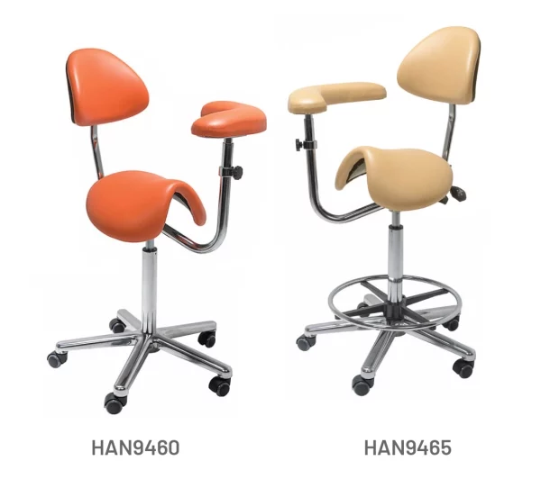 Meditelle Tilt Saddle Chair with Torso Arm upholstered in Ginger and Barley anti-microbial vinyl. Product shown with and without footrest.