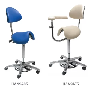 Meditelle Surgeons Foot Operated Tilt Saddle Chairs upholstered in Royal and Stone anti-microbial vinyl. Product shown with and without torso/arm support.