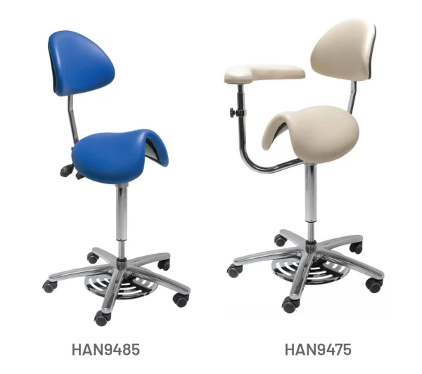 Meditelle Surgeons Foot Operated Tilt Saddle Chairs upholstered in Royal and Stone anti-microbial vinyl. Product shown with and without torso/arm support.