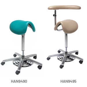 Meditelle Surgeons Foot Operated Tilt Saddle Stools upholstered in Ocean and Taupe anti-microbial vinyl. Product shown with and without torso arm support.