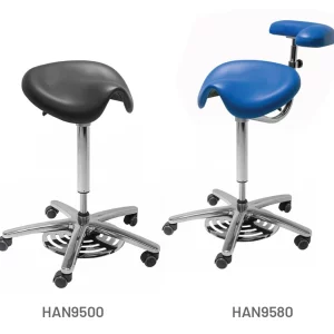 Meditelle Surgeons Foot Operated Medi Saddle Stools upholstered in Black and Royal anti-microbial vinyl. Product shown with and without arm support.