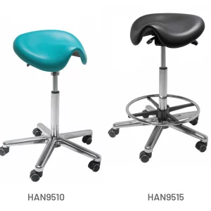 Meditelle Medi Saddle Stools upholstered in Ocean and Black anti-microbial vinyl. Product shown with and without footrest.