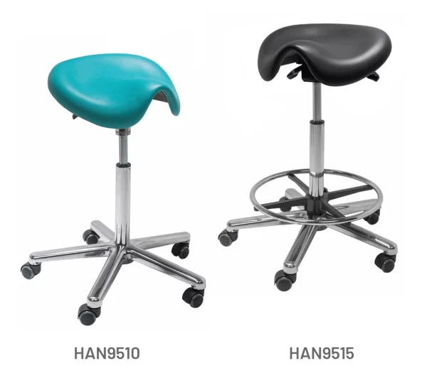 Meditelle Medi Saddle Stools upholstered in Ocean and Black anti-microbial vinyl. Product shown with and without footrest.