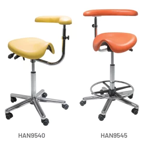 Meditelle Medi Saddle Stools with Torso Arm upholstered in Buttercup and Ginger anti-microbial vinyl. Product shown with and without footrest.