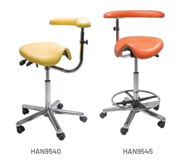 Meditelle Medi Saddle Stools with Torso Arm upholstered in Buttercup and Ginger anti-microbial vinyl. Product shown with and without footrest.