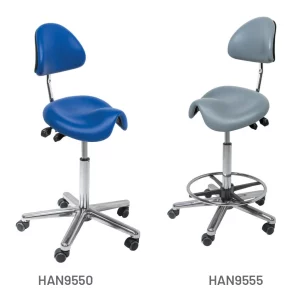 Meditelle Medi Tilt Saddle Chairs upholstered in Royal and Grey anti-microbial vinyl. Product shown with and without footrest.