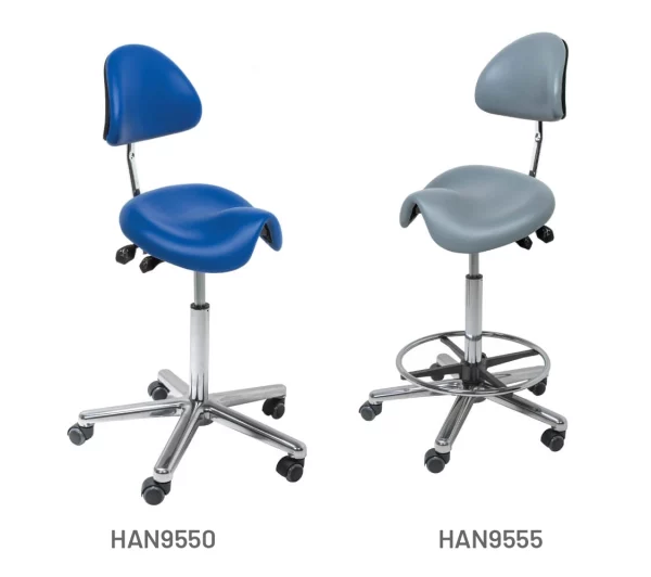 Meditelle Medi Tilt Saddle Chairs upholstered in Royal and Grey anti-microbial vinyl. Product shown with and without footrest.