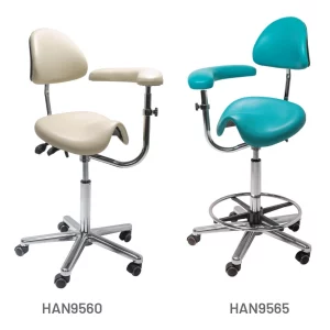 Meditelle Medi Saddle Chairs with Torso Arm upholstered in White and Ocean anti-microbial vinyl. Shown with and without optional footrest.