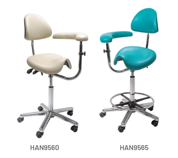 Meditelle Medi Saddle Chairs with Torso Arm upholstered in White and Ocean anti-microbial vinyl. Shown with and without optional footrest.