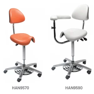 Surgeons Foot Operated Medi Saddle Chair by Meditelle. Shown upholstered in Ginger and White anti-microbial vinyl.