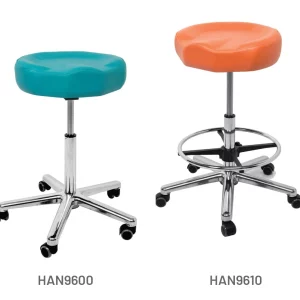 Meditelle Tilt Contour Stools upholstered in Ginger and Ocean anti-microbial vinyl. Shown with and without optional footrest.