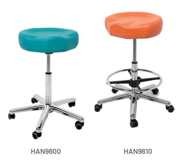 Meditelle Tilt Contour Stools upholstered in Ginger and Ocean anti-microbial vinyl. Shown with and without optional footrest.