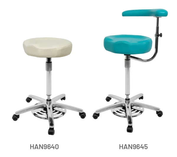 Surgeons Foot Operated Tilt Contour Stools upholstered in White and Ocean anti-microbial vinyl. Product shown with and without arm support.