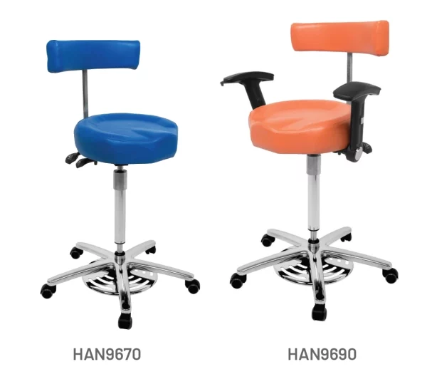 Surgeons/Sonographers Foot Operated Tilt Contour Chairs upholstered in Buttercup and Royal anti-microbial vinyl.