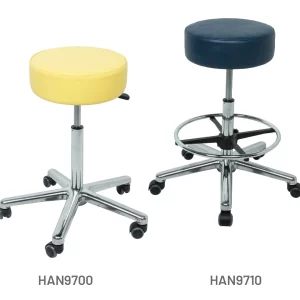 Meditelle - Medical Operator Tub Stools shown in Buttercup and Navy anti-microbial vinyl. Products shown with and without optional footrest.