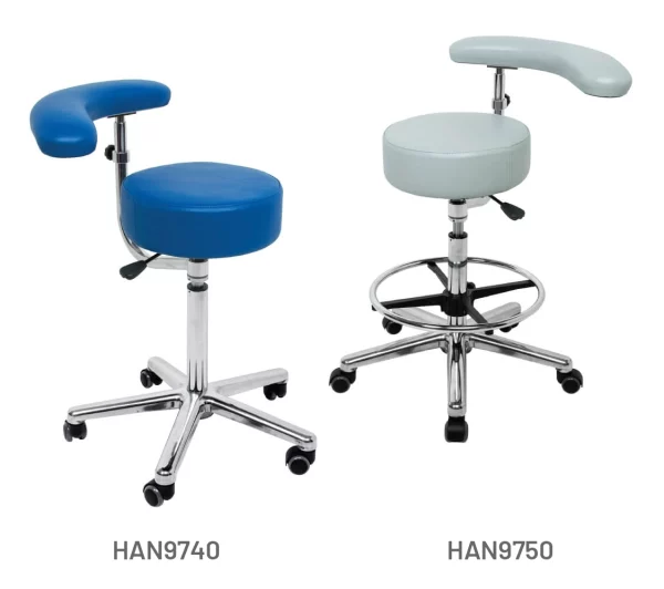 Meditelle Medical Tub Stools with Torso Arm upholstered in Royal and Dove anti-microbial vinyl. Product shown with and without footrest.