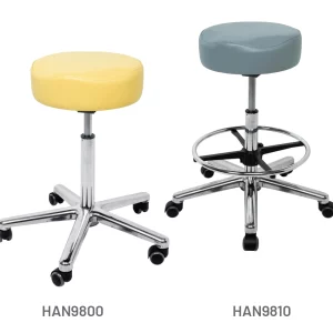 Meditelle Practitioners Shaped Tub Stools upholstered in Buttercup and Grey anti-microbial vinyl. Product shown with and without footrest.