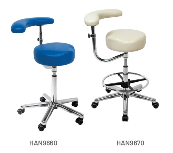 Meditelle Dental Shaped Tub Stools with Torso Arm upholstered in Royal and Stone anti-microbial vinyl. Product shown with and without footrest.